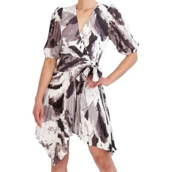 BCBGMaxAzria Women's Brushstroke Print Pleated Midi Dress with Puff Sleeves, 10 - Picture 1 of 8